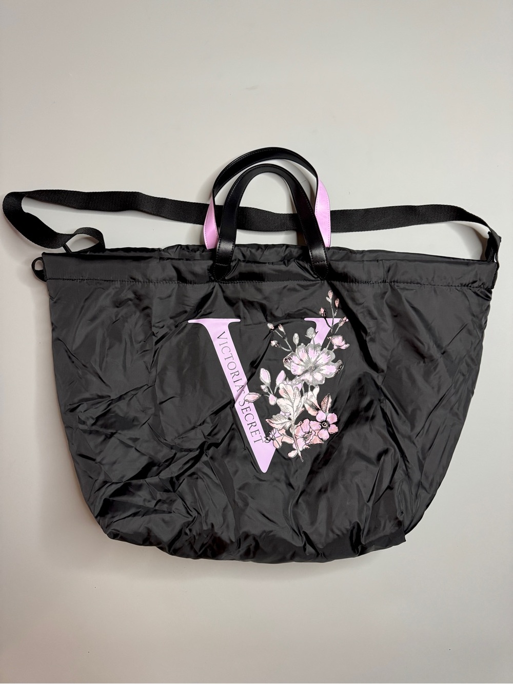 Victoria Secret Large Tote Bag Puffy Black Nylon Lilac Logo Floral Zip